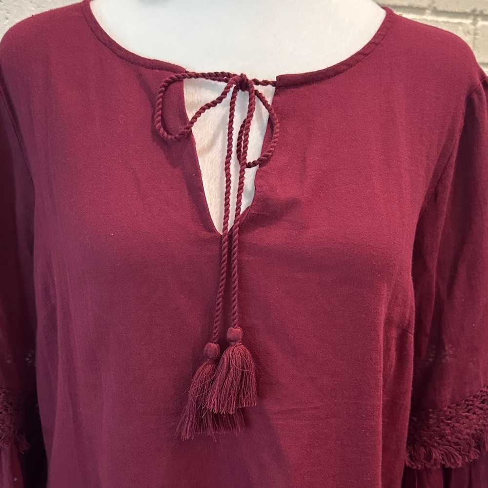 a.n.a Burgundy Blouse with Tassel and Lace Accents - Picture 2 of 9